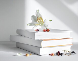 Minimalist Book Stack with White Lily and Floral Decor on a White Background with Shadow Play