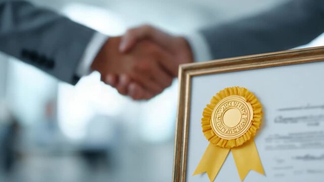 Award certificate with handshake in background