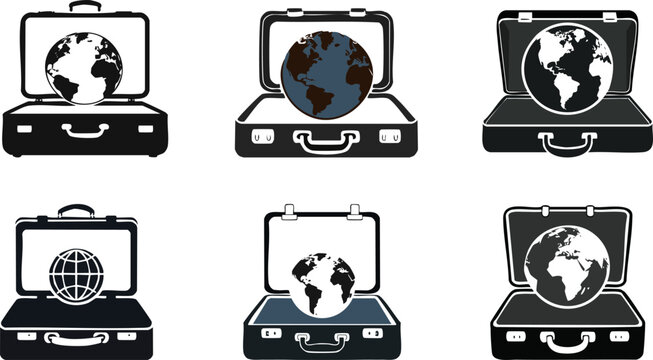 A collection of suitcases featuring globe images, symbolizing travel and exploration of the world.