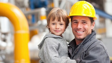 Obraz premium A construction worker is happily holding a young boy at an industrial site. Both are enjoying the moment, surrounded by machinery and bright colors in the background.