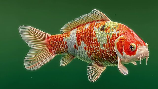 Colorful koi fish swimming gracefully in lush green underwater environment, showcasing vibrant scales and patterns