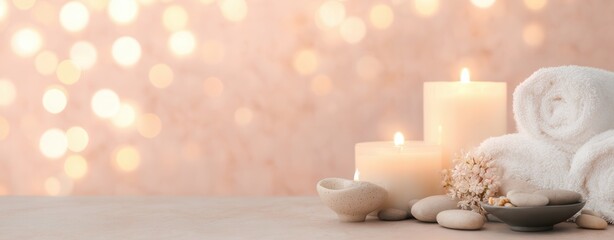 Relaxing spa setup with candles and stones serene ambiance lifestyle tranquil environment warm viewpoint