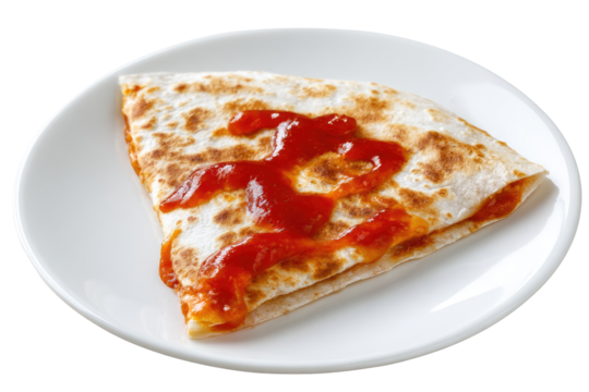 A close-up shot features a triangular, cooked food item on a white plate, topped with red sauce