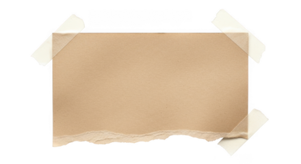 Torn brown paper note with white tape attached isolated on transparent background