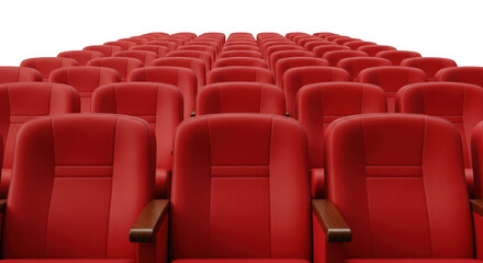 Obraz premium Rows of empty red velvet theater seats arranged in a perspective view isolated on transparent background