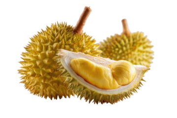 Spiky, yellowish fruit with creamy yellow flesh exposed, set against a stark black background