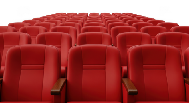 Rows of empty red velvet theater seats arranged in a perspective view isolated on transparent background