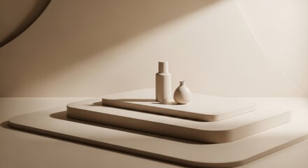 Minimalist monochrome display featuring a set of sleek white ceramic vases arranged on nested