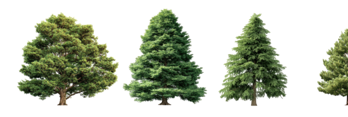 Four green trees, varying in shape and foliage, stand against a black backdrop, ready for use