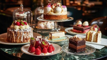 A variety of tempting desserts sits on stylish plates in a welcoming cafe. The colorful sweets include cakes, pastries, and fresh raspberries, perfect for any occasion.