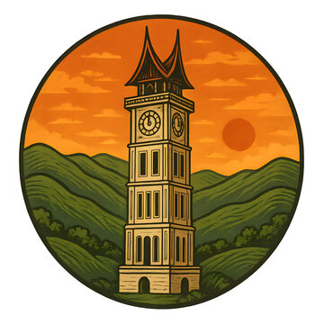 Vintage Realistic Jam Gadang Sticker Vector &ndash; Bukittinggi Hills Sunset Illustration