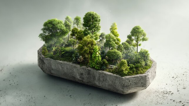 Miniature forest growing in a stone container, showcasing nature and environmental concept