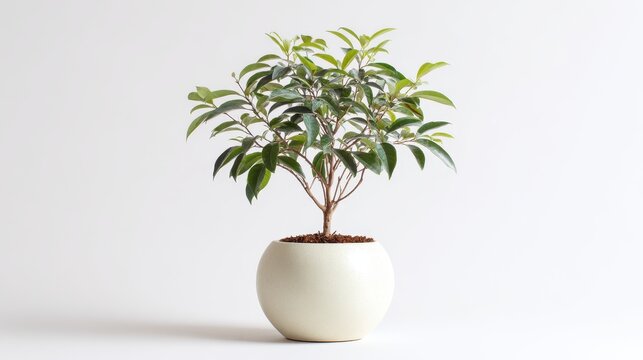 Ficus benjamina plant in white pot isolated on white background in a studio shot