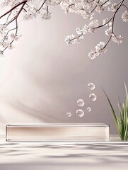 A serene scene featuring delicate white cherry blossoms, a clear glass platform, floating water droplets, and a single blade of grass.
