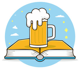 Mug of Beer Resting on Open Book with Clouds and Stars in Background