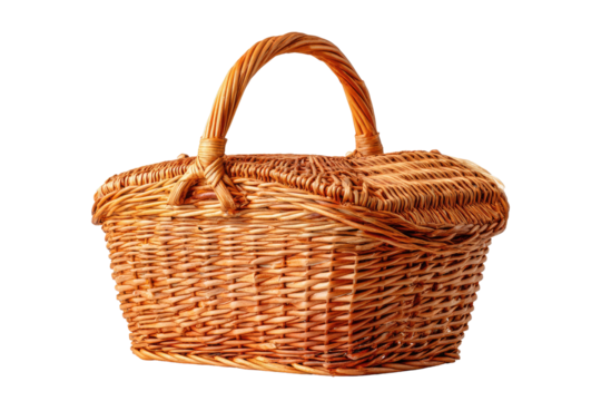 A medium-sized, woven wicker basket with a curved handle, against a black background