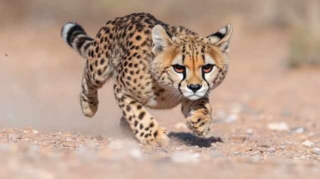 Young spotted cheetah cub running fast across dusty arid ground toward the viewer