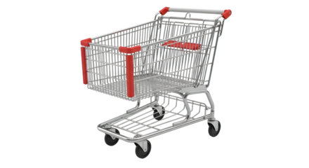 A clean, empty metal shopping cart with red accents