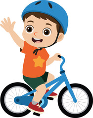 Happy child riding bicycle with helmet, outdoor cycling safety, waving hand, cheerful kid activity, flat vector