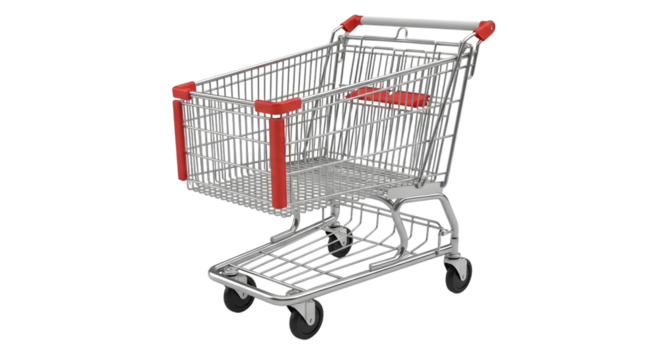 A clean, empty metal shopping cart with red accents