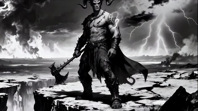 Stormlord Conqueror: Horned Warrior with Lightning Axe in Apocalyptic Wasteland