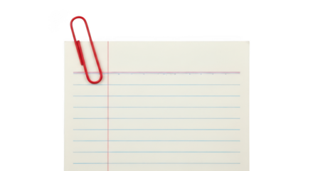 A single red paperclip holding together a lined notepad page isolated on transparent background