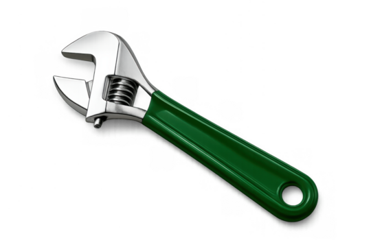 Adjustable wrench with green handle and chrome finish on transparent background for repair and household tasks
