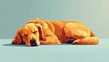 Illustration of a golden retriever sleeping on a light blue surface.