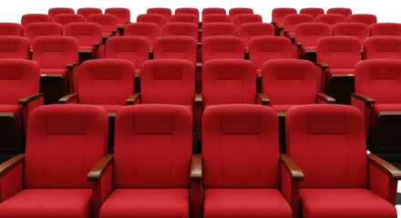 Naklejka premium Rows of empty red theater seats arranged in a stadium seating configuration isolated on transparent background