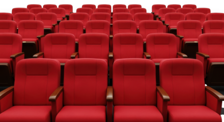 Rows of empty red theater seats arranged in a stadium seating configuration isolated on transparent background