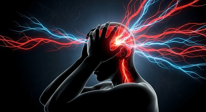 An abstract depiction of intense neural pain signals radiating through the head, illustrating brain interpretation of pain, nerve activity, and heightened sensory response.