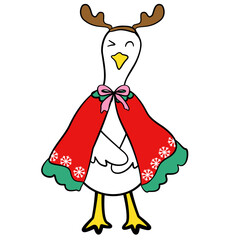 Hand drawn cartoon goose wearing a red reindeer cloak or cape with antlers on its head. Vector graphic for Christmas and winter themes.