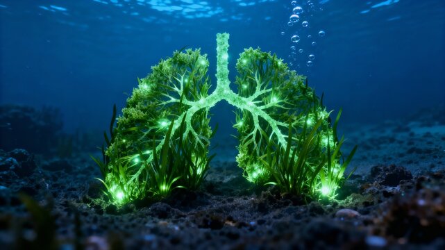 Conceptual underwater illustration of glowing green seagrass forming the shape of human lungs, symbolizing oxygen production and marine conservation for World Seagrass Day.