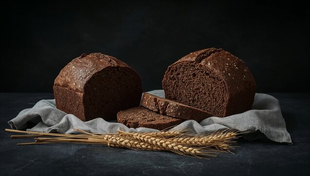 Freshly baked homemade dark rye bread loaf with slices and dried wheat stalks resting on a grey napkin against a black rustic background.