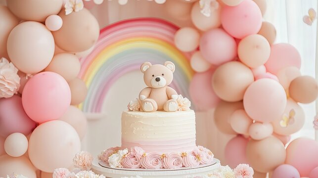 Trendy baptism cake for girl with bear figure and rainbow, pink and brown balloon arch, birthday party reception decoration with photo wall space
