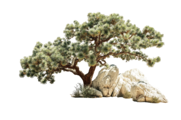 A gnarled tree with lush green foliage grows beside large, textured, light-colored rocks