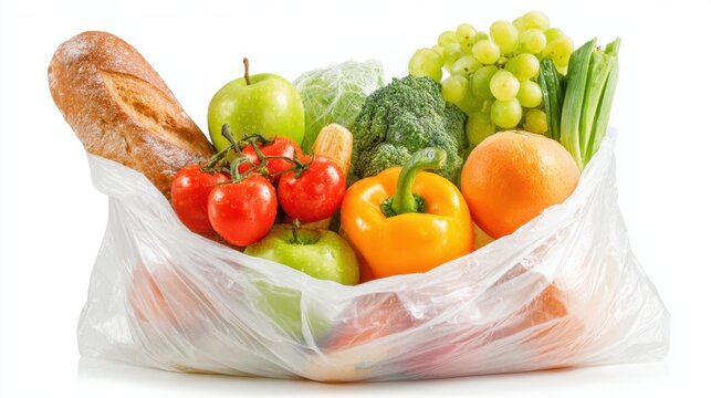 A plastic bag contains a variety of fresh produce, including fruits and vegetables. Colorful items like apples, grapes, broccoli, and peppers are visible. The scene suggests a recent grocery purchase.