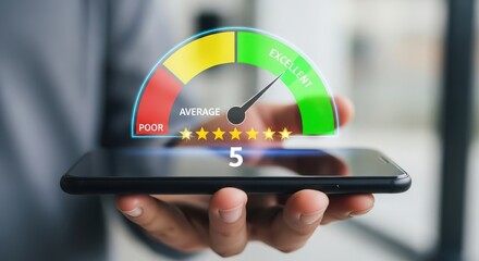 Customer satisfaction meter showing excellent rating with five stars on a smartphone screen