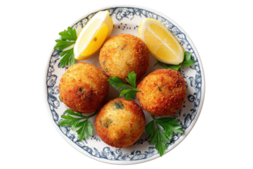 Overhead shot of golden fried rice balls with herbs and lemon wedges on a patterned plate