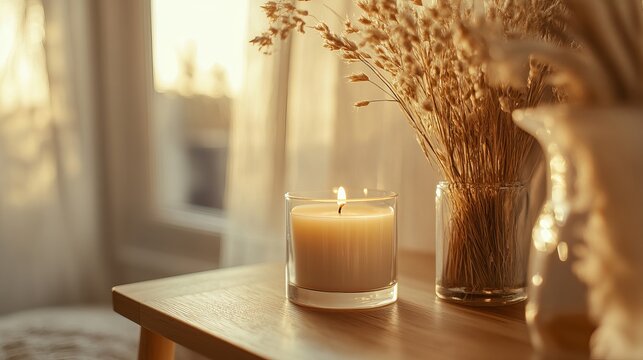 Aroma candle mockup on cozy table with warm lighting, relaxing home interior and wellness decor