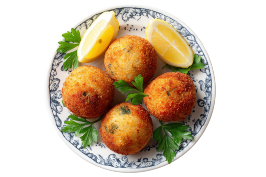 Overhead shot of golden fried rice balls with herbs and lemon wedges on a patterned plate
