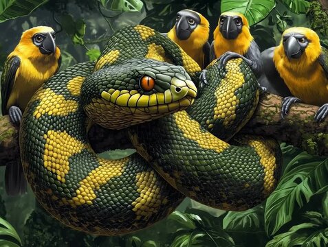 Snake and Parrots in a Lush Jungle Setting