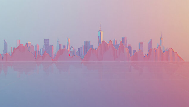 Pastel Polygon Cityscape Illustration with Reflection, Abstract Skyline, Geometric Design