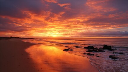 A stunning sunset casts bright orange and purple hues across the sky as the sun dips below the horizon. Calm waves lap at the sandy shore, creating a peaceful atmosphere.
