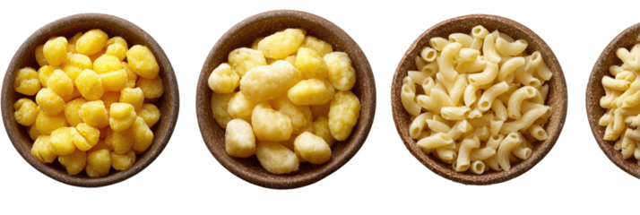 Four bowls of pasta arranged side-by-side. Each holds a different shape, some small, some curved