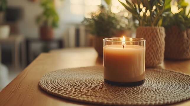 Aroma candle mockup on cozy table with warm lighting, relaxing home interior and wellness decor - Powered by Adobe