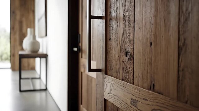 Stylish rustic wood barn door with a modern black handle opening into a contemporary home interior showcasing elegant design and natural light
