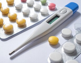 Medical Supplies: Digital Thermometer and Assorted Pills