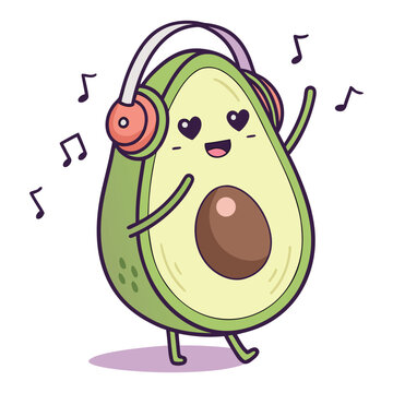 Happy Kawaii Avocado Character Dancing with Headphones and Music Notes vector illustration