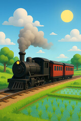 a train locomotive with two sets of carriages crossing the countryside